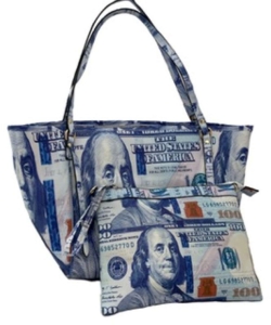 Oversize Hundred Dollar Bill Print Tote Bag With Pouch Set CA-6735 BLUE